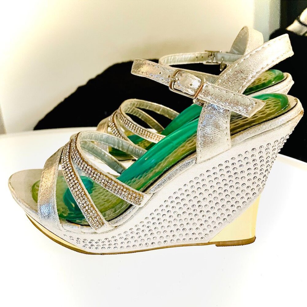 Silver Strap Dressy/Formal Rhinestone Sandal with Wedge Gold Heel and Peep Toe